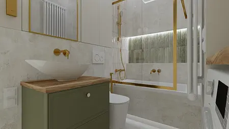 Wnętrze łazienki w stylu boho, eklektycznym i rustykalnym z zieloną szafką.