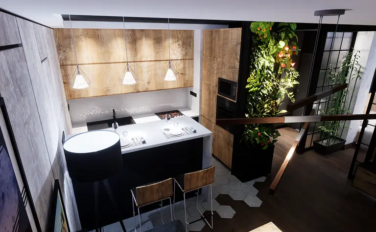 Wnętrze kuchni z drewnianymi meblami i roślinnością, styl industrialny.