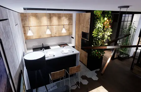 Wnętrze kuchni z drewnianymi meblami i roślinnością, styl industrialny.