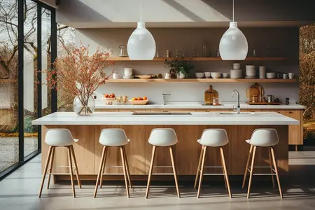 Nowoczesna kuchnia w stylu minimalistycznym z białymi meblami i drewnianymi detalami.