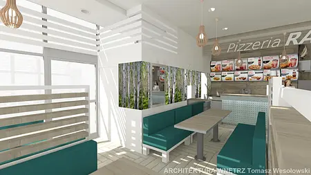 Wnętrze pizzerii z zielonymi kanapami i drewnianym stołem, nowoczesny design.