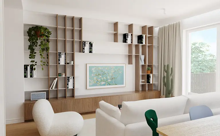 Wnętrze salonu w stylu art deco, eklektycznym, soft minimalizm i vintage z roślinami.