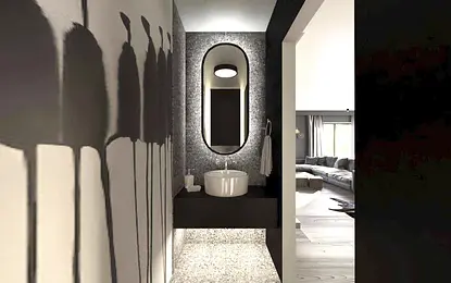 Nowoczesna łazienka z minimalistycznym designem, eklektyczne akcenty.