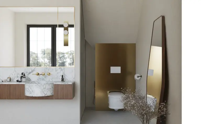 Nowoczesna łazienka w stylu art deco z marmurową umywalką i złotymi detalami.