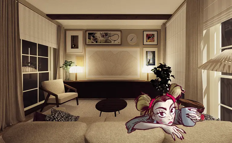 Salon w stylu art deco z roślinnością i obrazami na ścianie.