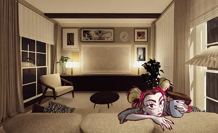 Salon w stylu art deco z roślinnością i obrazami na ścianie.