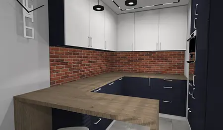 Kuchnia w stylu industrialnym z ceglanym murem i minimalistycznymi meblami.
