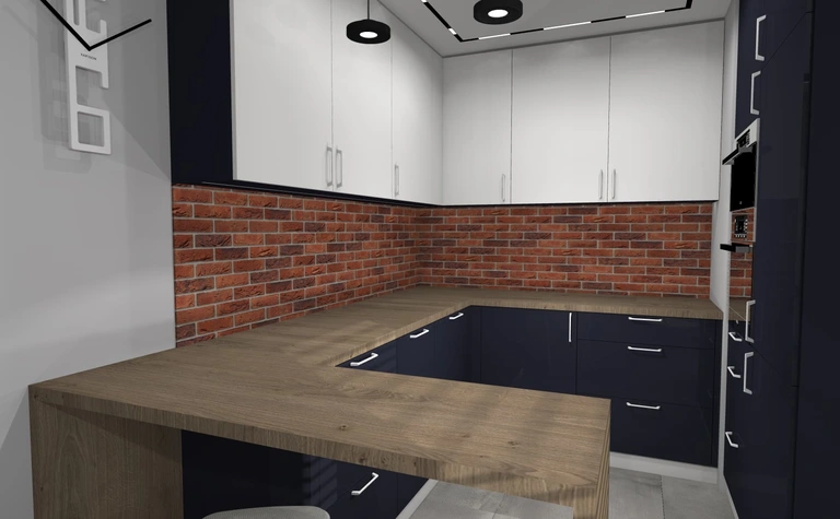 Kuchnia w stylu industrialnym z ceglanym murem i minimalistycznymi meblami.