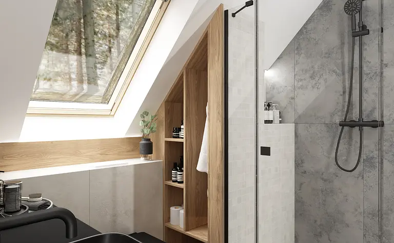 Nowoczesna łazienka z czarną umywalką, drewnianymi detalami, styl industrialny i współczesny.