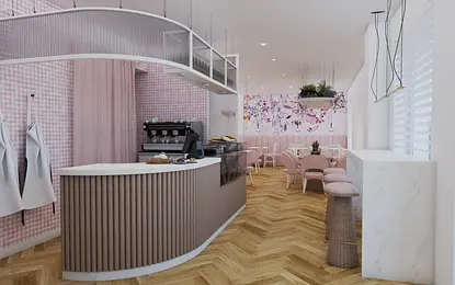 Wnętrze kawiarni z różowymi detalami i drewnianymi elementami, styl dopamine decor.