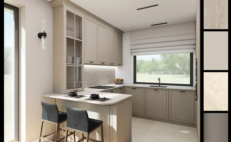 Wnętrze kuchni z beżowymi meblami, białym blatem i oknem, styl tradycyjny.