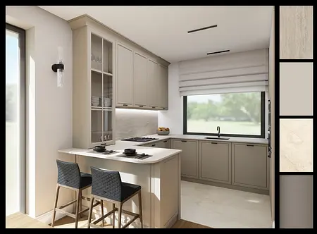 Wnętrze kuchni z beżowymi meblami, białym blatem i oknem, styl tradycyjny.