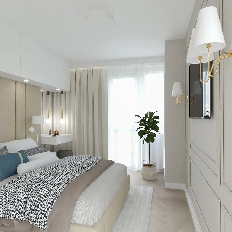 Sypialnia z jasnymi meblami, rośliną i nowoczesnym wystrojem art deco, boho, minimalistycznym