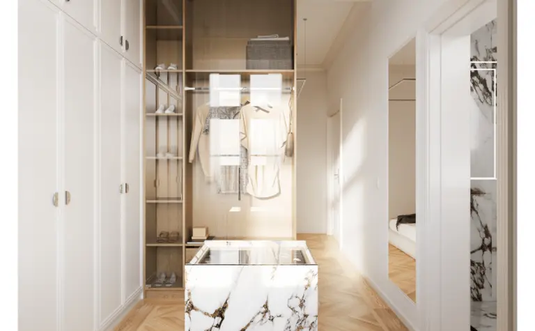 Garderoba w stylu soft minimalizm z marmurowym blatem i drewnianymi elementami.
