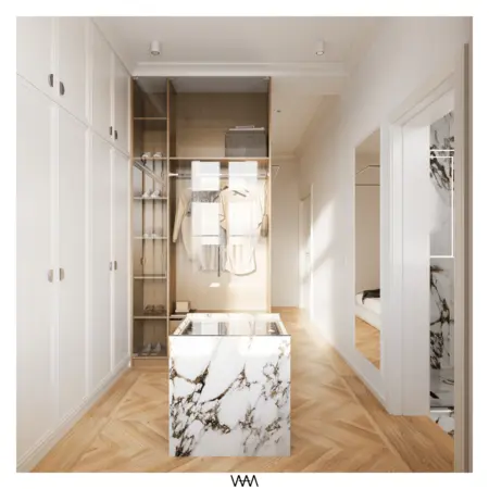Garderoba w stylu soft minimalizm z marmurowym blatem i drewnianymi elementami.