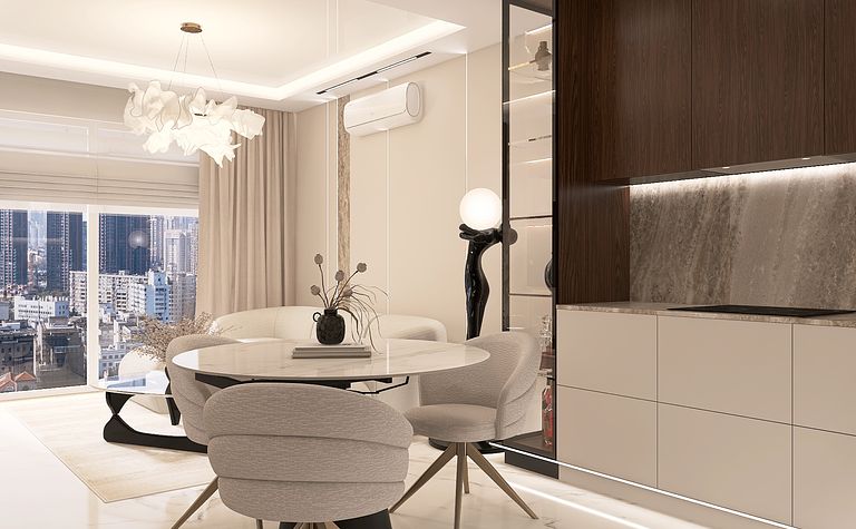 Wnętrze jadalni z nowoczesnym stołem, szarymi krzesłami i eleganckimi akcentami.