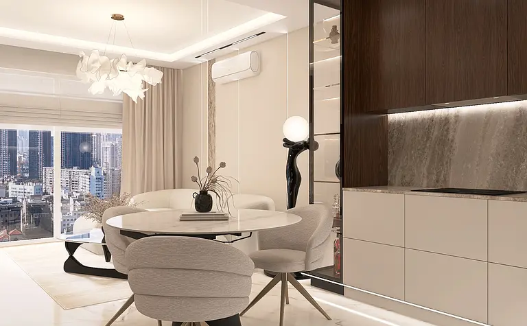 Wnętrze jadalni z nowoczesnym stołem, szarymi krzesłami i eleganckimi akcentami.