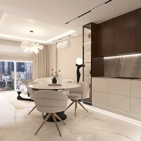 Wnętrze jadalni z nowoczesnym stołem, szarymi krzesłami i eleganckimi akcentami.