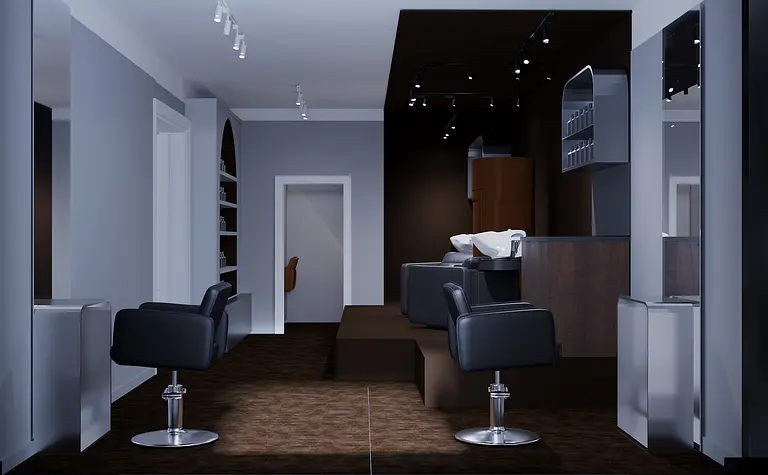 Wnętrze salonu w stylu japandi i minimalistycznym z czarnymi fotelami i drewnianymi akcentami.