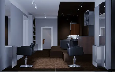 Wnętrze salonu w stylu japandi i minimalistycznym z czarnymi fotelami i drewnianymi akcentami.