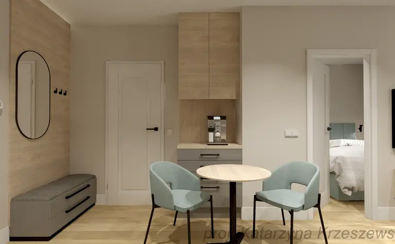 Przedpokój w stylu industrialnym, minimalistycznym i współczesnym z szafką i okrągłym stołem.
