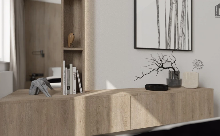 Nowoczesne wnętrze z drewnianą komodą, minimalistycznymi akcentami oraz dodatkami w stylu industrialnym.