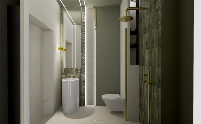 Nowoczesna łazienka z białą umywalką, złotymi detalami i zielonymi płytkami, styl boho, minimalizm.