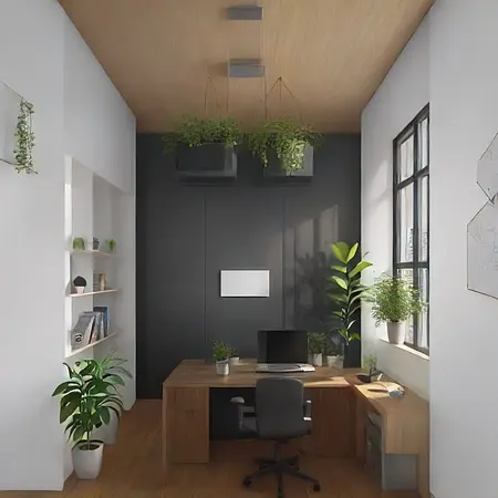 Wnętrze gabinetu w stylu industrialnym z biurkiem, roślinami i dużymi oknami.