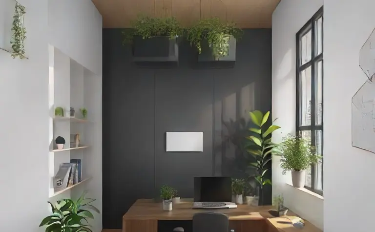 Wnętrze gabinetu w stylu industrialnym z biurkiem, roślinami i dużymi oknami.
