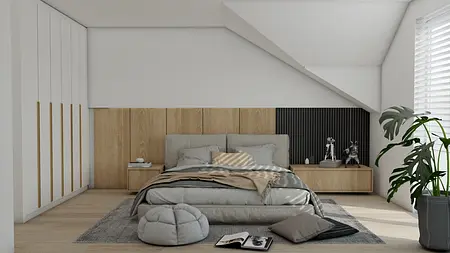 Wnętrze sypialni z drewnianym łóżkiem, minimalistycznymi detalami i rośliną, styl industrialny.