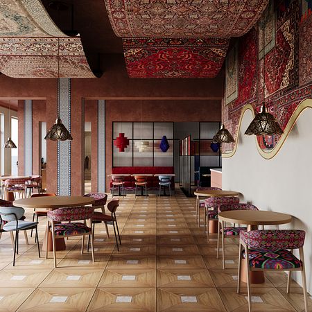 Wnętrze kawiarni z dywanami na suficie, styl art deco, nowoczesny, quiet luxury.