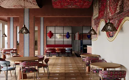 Wnętrze kawiarni z dywanami na suficie, styl art deco, nowoczesny, quiet luxury.