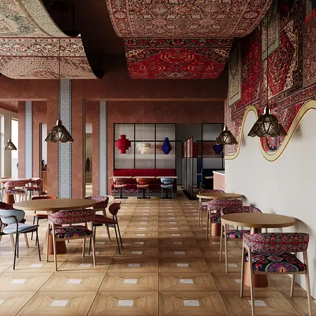 Wnętrze kawiarni z dywanami na suficie, styl art deco, nowoczesny, quiet luxury.