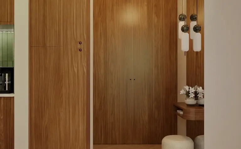 Nowoczesny przedpokój w stylu art deco, vintage i eklektycznym z drewnianymi elementami.