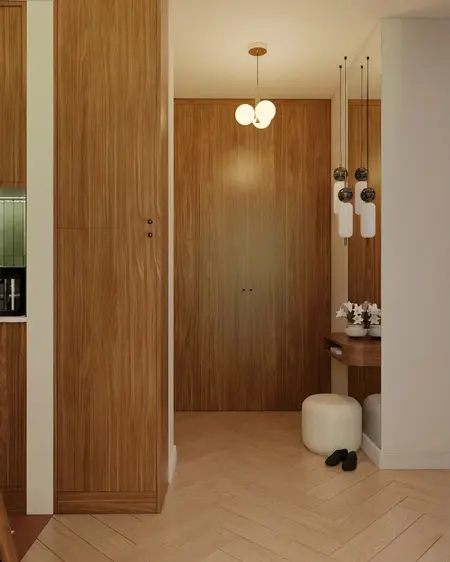 Nowoczesny przedpokój w stylu art deco, vintage i eklektycznym z drewnianymi elementami.