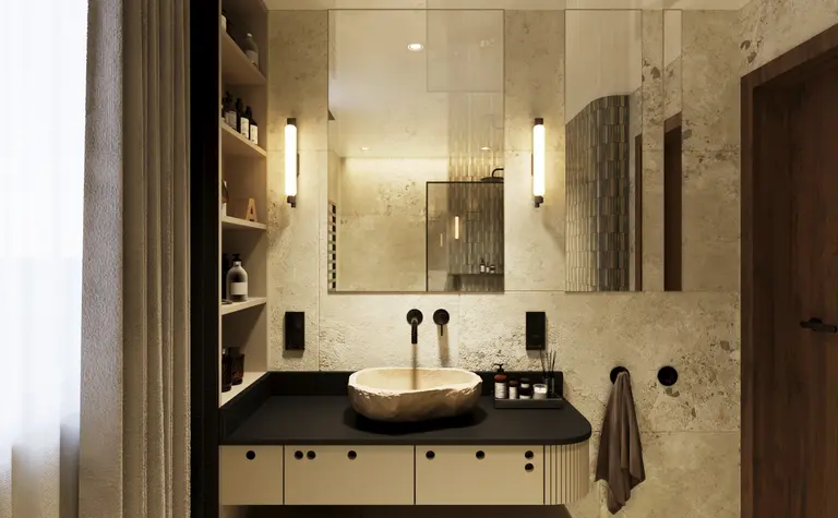 Nowoczesna łazienka z kamienną umywalką w stylu minimaluxe i quiet luxury.