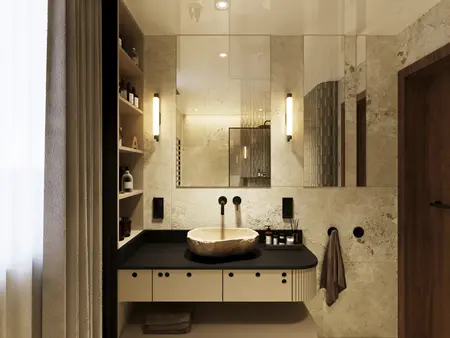 Nowoczesna łazienka z kamienną umywalką w stylu minimaluxe i quiet luxury.