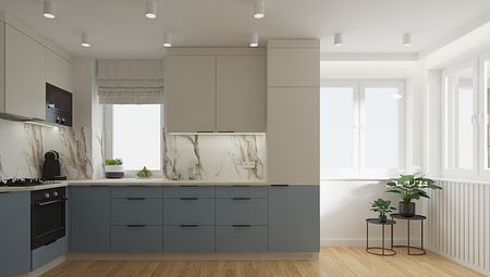 Kuchnia z niebieskimi szafkami, marmurowym blatem i roślinami.
