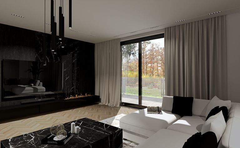 Wnętrze salonu z minimalistycznym wystrojem, nowoczesną sofą i współczesnym kominkiem.