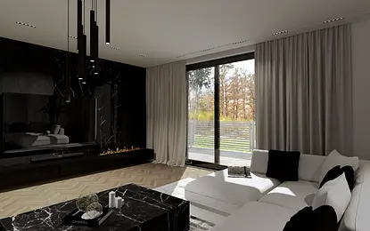 Wnętrze salonu z minimalistycznym wystrojem, nowoczesną sofą i współczesnym kominkiem.