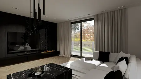Wnętrze salonu z minimalistycznym wystrojem, nowoczesną sofą i współczesnym kominkiem.