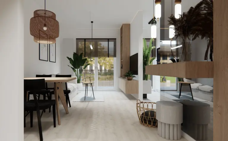 Wnętrze jadalni w stylu minimalistycznym i soft minimalizm z drewnianym stołem i roślinami.