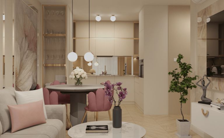 Wnętrze salonu w stylu glamour z nowoczesnymi meblami, okrągłym stołem i roślinami