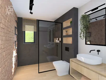 Nowoczesna łazienka w stylu industrialnym z drewnem, szklanym prysznicem i rośliną.