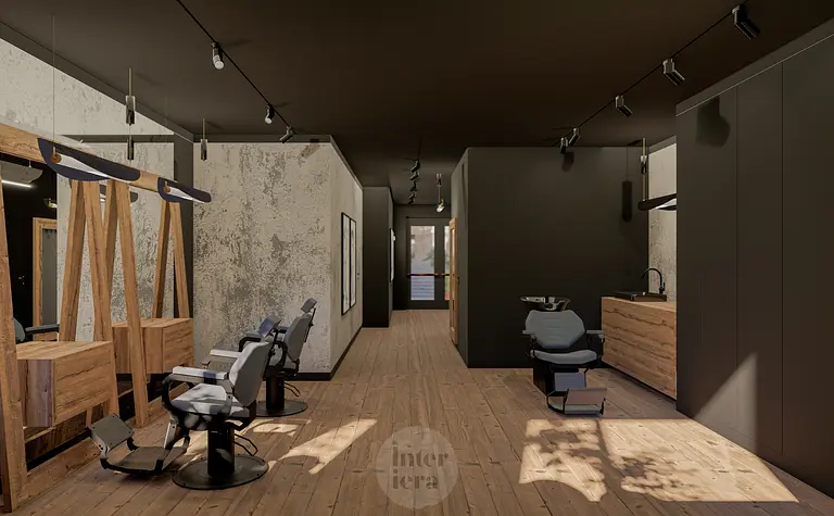 Salon fryzjerski z drewnianymi meblami, industrialnymi akcentami i minimalistycznym wystrojem.