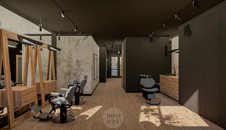 Salon fryzjerski z drewnianymi meblami, industrialnymi akcentami i minimalistycznym wystrojem.