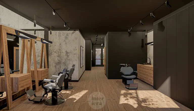 Salon fryzjerski z drewnianymi meblami, industrialnymi akcentami i minimalistycznym wystrojem.