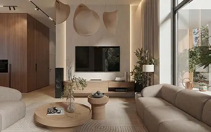 Salon w stylu boho i japandi z drewnianymi meblami i roślinami.