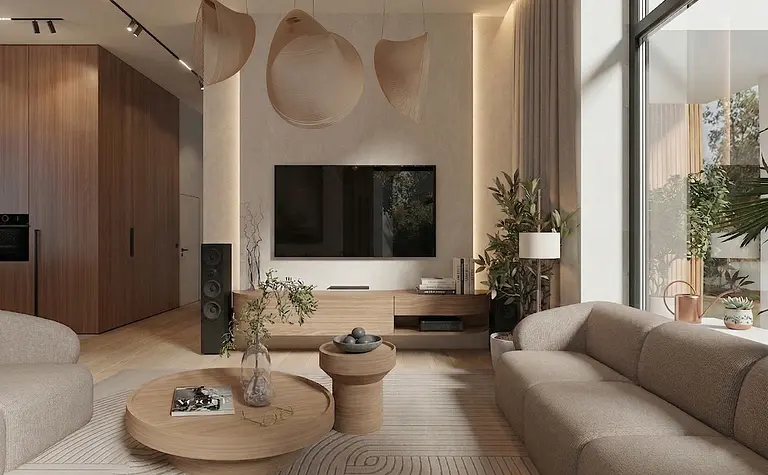 Salon w stylu boho i japandi z drewnianymi meblami i roślinami.