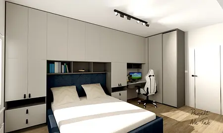 Współczesna sypialnia z szarymi meblami, niebieskim zagłówkiem i biurkiem.